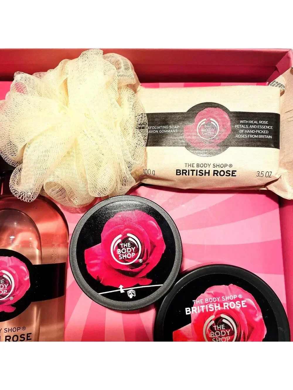 British Rose The Body Shop Gift Set Box Brand NEW Pink Body Wash Loofah Cream